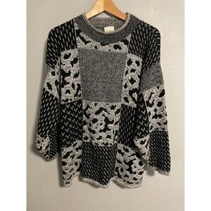 Vintage Classic Elements Sweater Womens Small Black Abstract Print Crewneck 90s